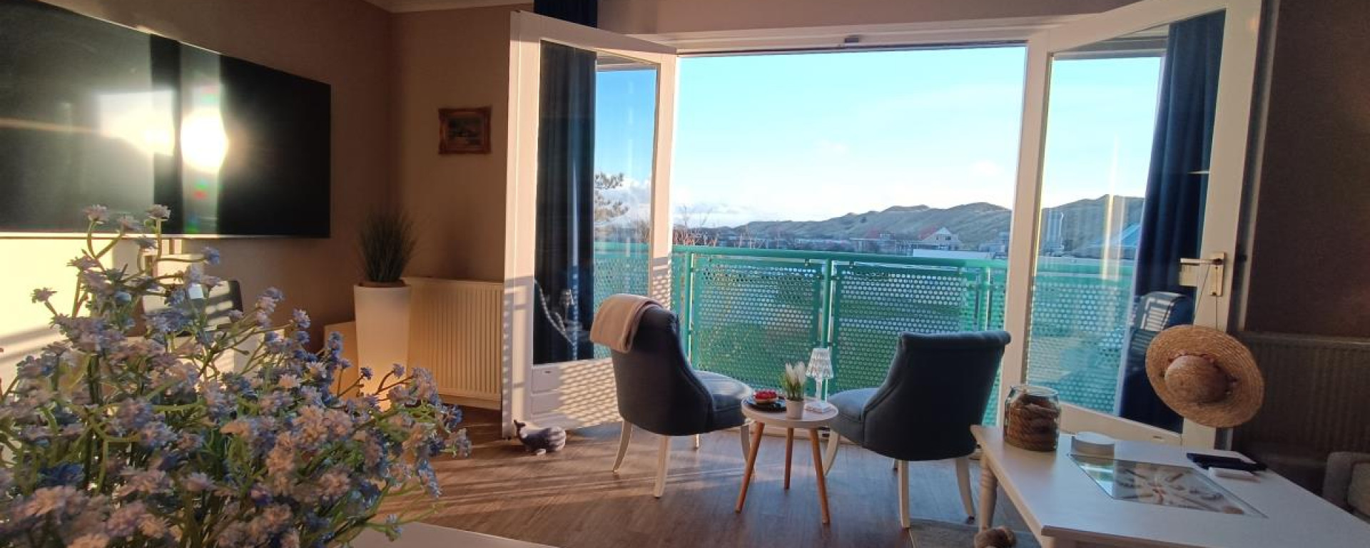 Uitzich vanuit de woonkamer over het balkon, naar de duinen